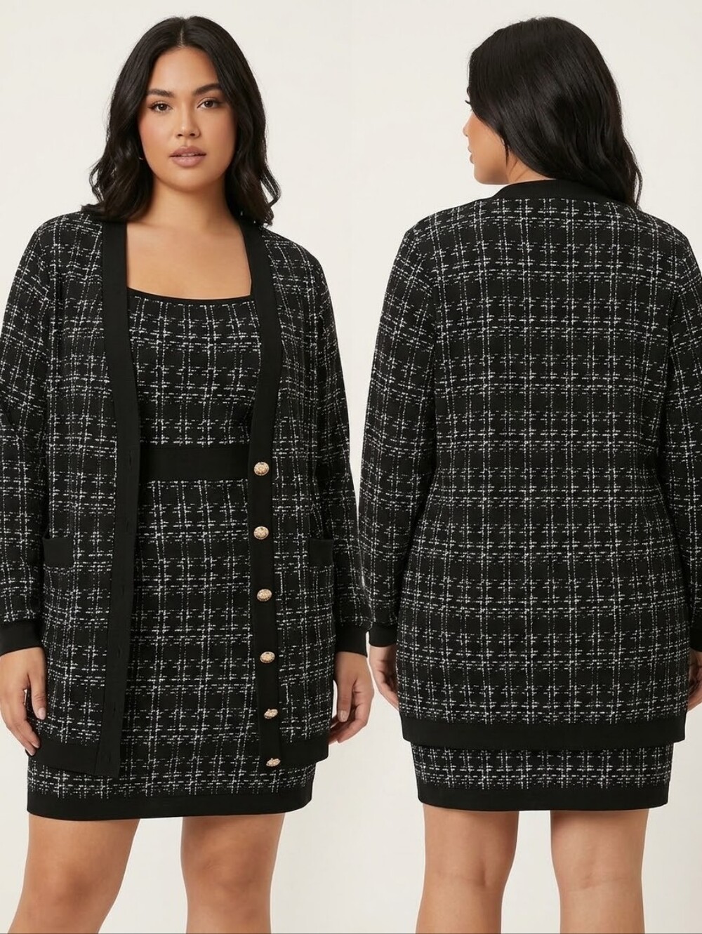 SHEIN CURVE Black & White Tweed Grid 2-Piece Dress & Cardigan Set - Size 2XL